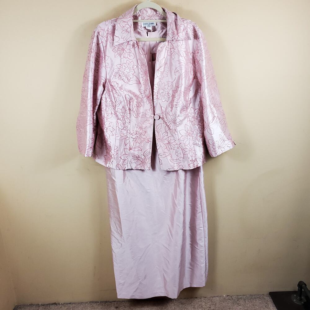 Lady Dorby Pink Sheen Sleeveless Dress with Floral Embroidered Jacket Size 20W